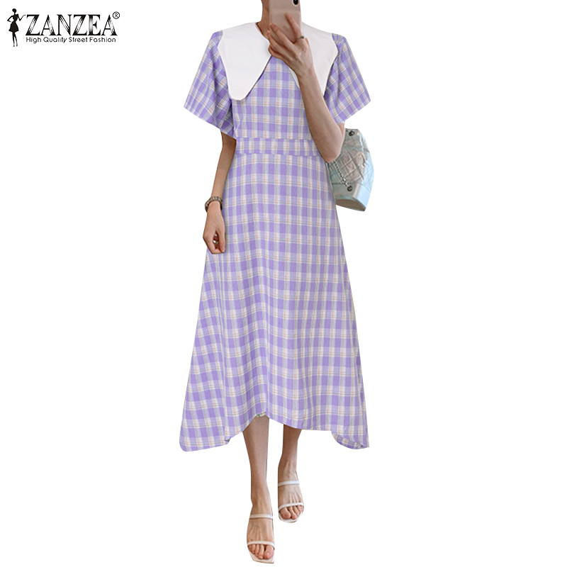 Đầm nữ ZANZEA tay ngắn cổ bẻ họa tiết caro viền không đồng đều xinh xắn