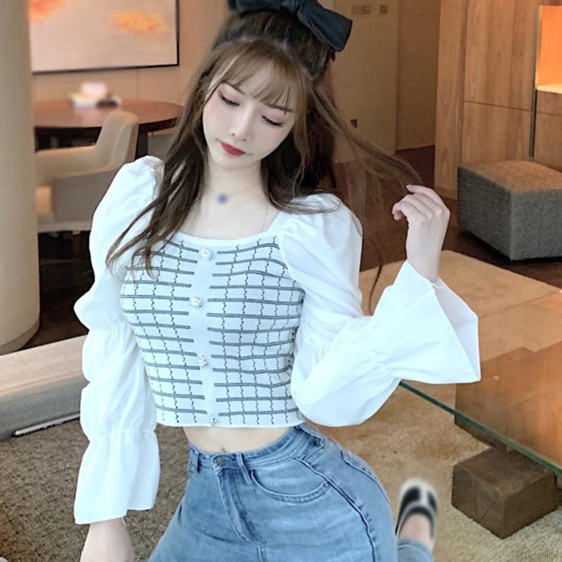 Áo Kiểu Nữ Ca Rô Dài Tay Cổ Vuông Hở Eo Thời Trang