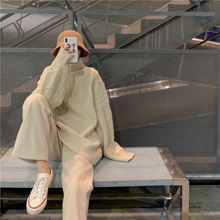 Áo Len Cổ Cao Dáng Rộng Thiết Kế Mới Thời Trang Theo Phong Cách Hàn Quốc Cho Nữ