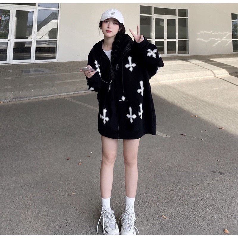 Áo Hoodie Khoá Kéo Chữ Thập Tay Bồng Unisex , Form Rộng Tay Phồng Ulzzang Hot Hit