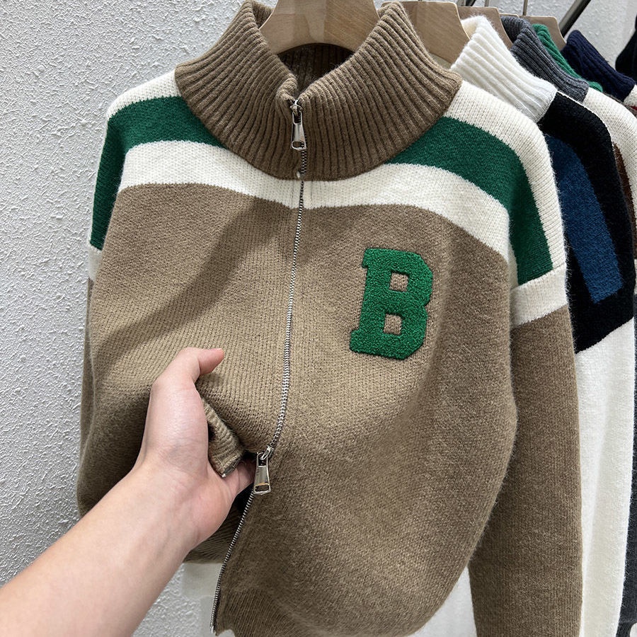 Áo khoác Cardigan dệt kim cổ cao có khóa kéo màu sắc thời trang cho nữ