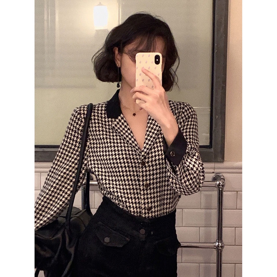 Áo Sơ Mi Họa Tiết Houndstooth Phong Cách Retro Cho Nữ  tao bao