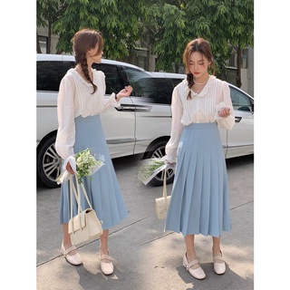 Set áo trắng cổ bèo + chân váy midi xanh xếp li
