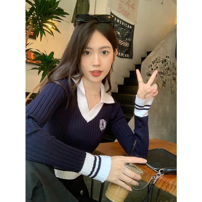 Áo croptop ZHELIHANGFEI dệt kim cổ chữ V tay dài thiết kế quyến rũ thời trang