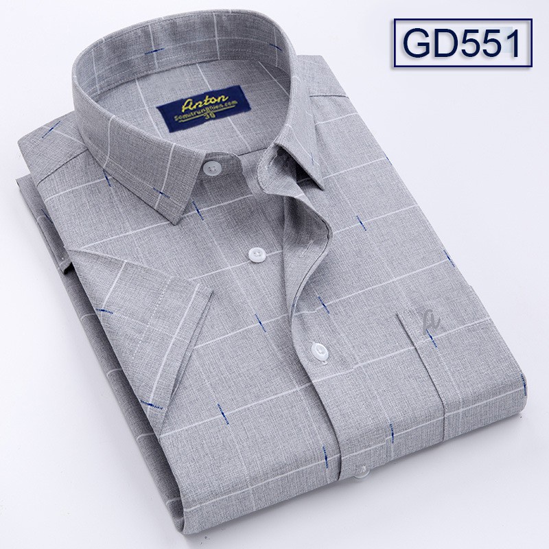 Áo Sơ Mi Nam Công Sở Trung Niên Thương Hiệu Anton Ngắn Tay Vải Sợi Tre Màu Xám Kẻ Caro Trắng – GD551 - Hàng nhập khẩu