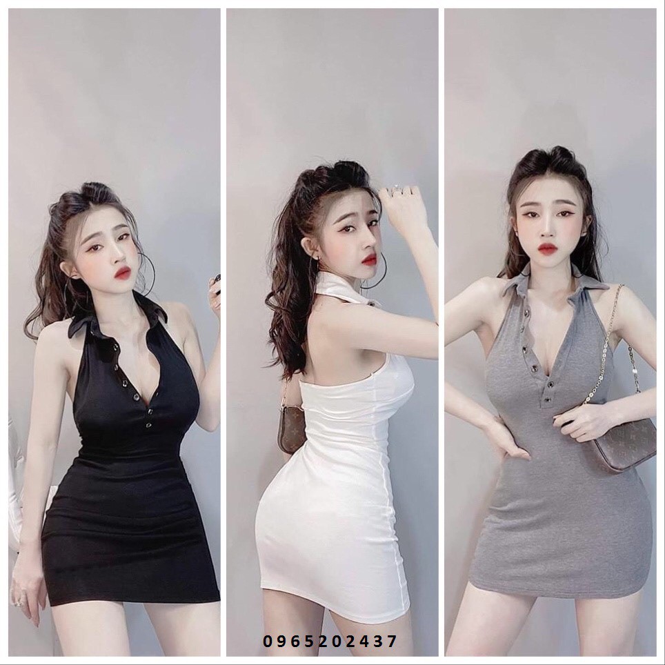 Đầm body hở lưng cổ sơ mi