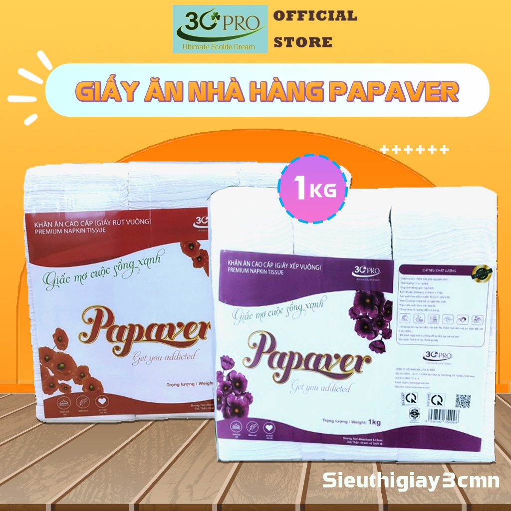 Giấy ăn nhà hàng Papaver bịch lớn 1kg, siêu mềm, siêu dai, 100% bột giấy nguyên sinh, không bụi