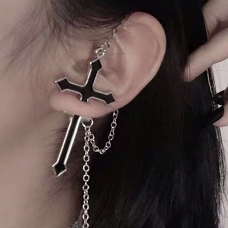 Bông Tai Chuỗi Dài Hình Thánh Giá Màu Đen Phong Cách Punk Gothic Thời Trang Unisex