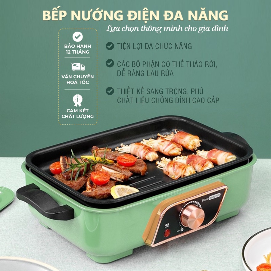 Bếp điện đa năng kết hợp 3 trong 1 khay rời, nướng, lẩu, làm bánh, có sẵn khay, an toàn tiện lợi