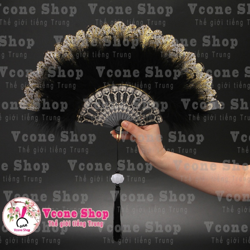 Quạt lông vũ ren phong cách lolita cổ trang thiết kế sang chảnh phụ kiện trang trí chụp ảnh không kèm tua