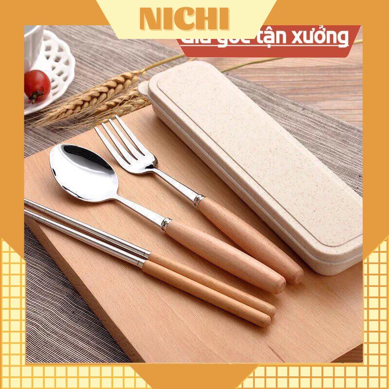 Bộ muỗng đũa cá nhân set 3 món thìa đũa dĩa inox không gỉ lúa mạch có hộp đựng cao cấp Nichi (Sale)