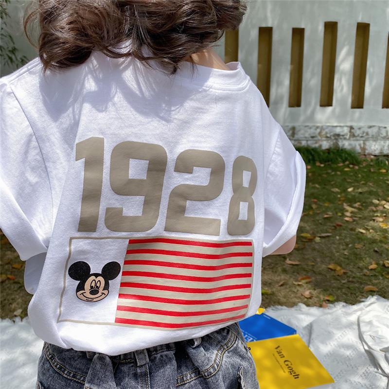 Áo Thun Tay Ngắn Chất Liệu Cotton In Hình Chuột Mickey Cho Bé Gái
