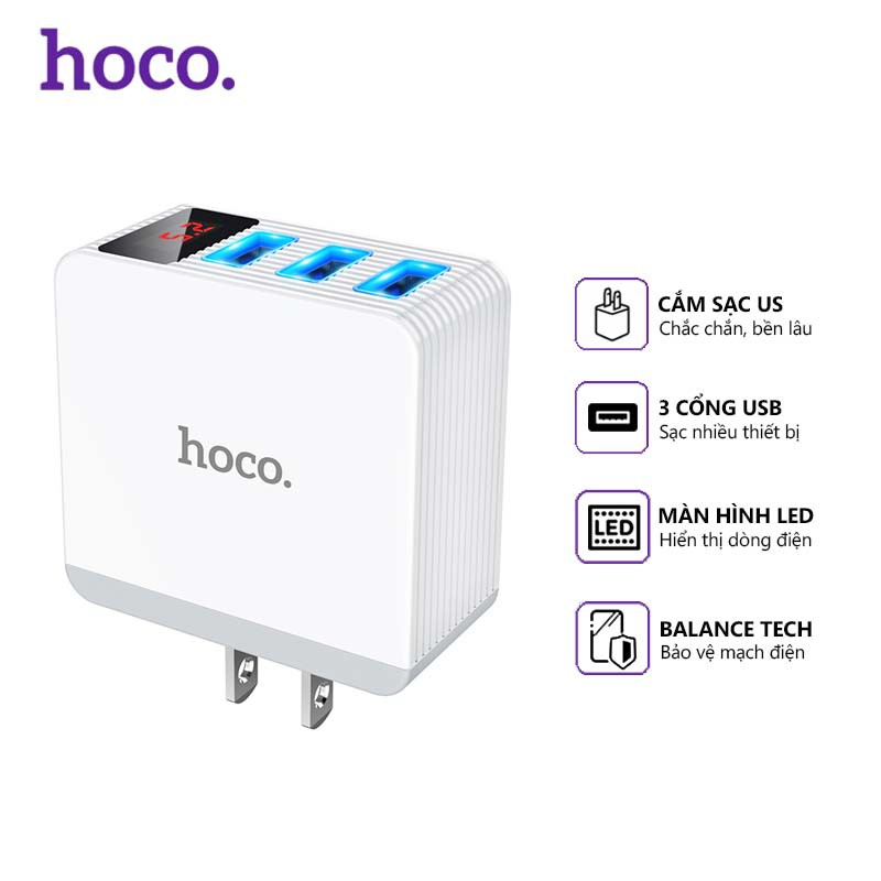 Cóc sạc nhanh 3 cổng USB 3.4A Hoco DC03 Pro Max, màn hình led, tương thích nhiều thiết bị