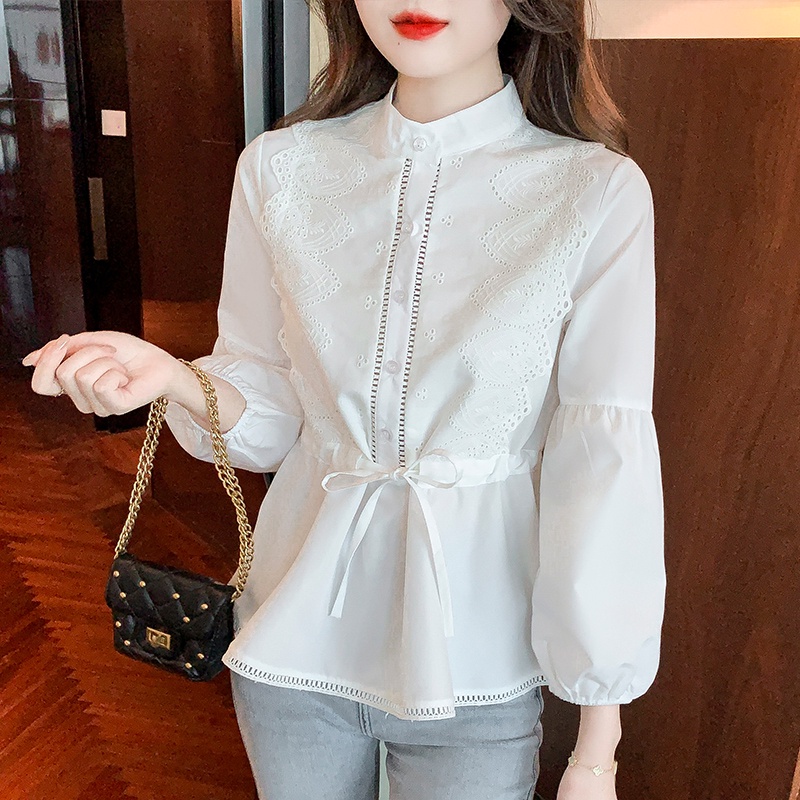 Mới Áo Kiểu Tay Dài Chiết Eo Thêu Họa Tiết Phong Cách Hàn Quốc Thời Trang Xinh Xắn Cho Nữ