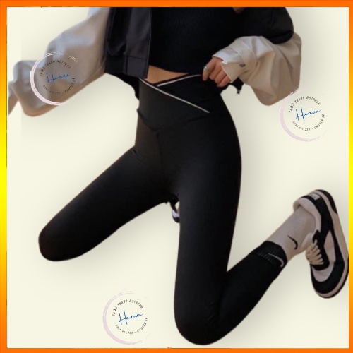 Quần Legging Nữ Cạp Chéo Dáng Dài Cạp Cao Viền Kẻ Trắng Nâng Mông Ôm Sát Vòng 3 Hack Dáng Cực Đỉnh