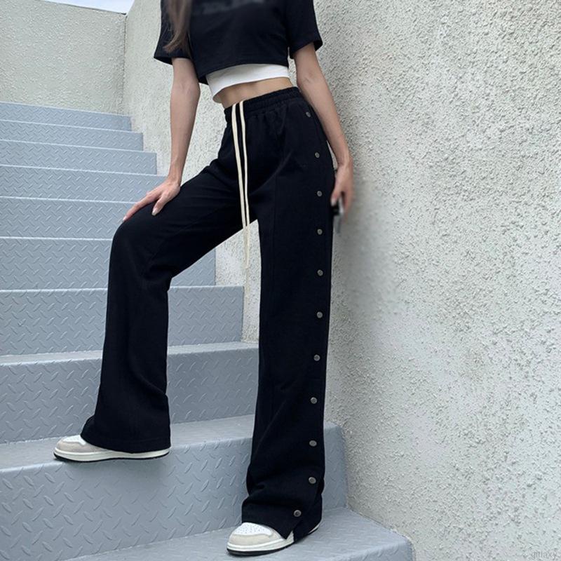 Quần dài ống rộng lưng cao màu trơn xẻ tà phối nút thời trang Hàn Quốc cho nữ