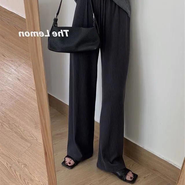 [Spot] Quần ống rộng lưng cao bằng vải nhung kẻ phong cách Hàn Quốc đơn giản dễ phối đồ