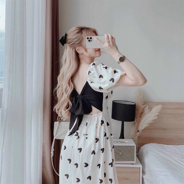 [8.8 Sales Freeship] Đầm maxi trắng nhún ngực tay búp in trái tim, đầm tiểu thư dáng dài cột nơ đen sau lưng xinh xắn