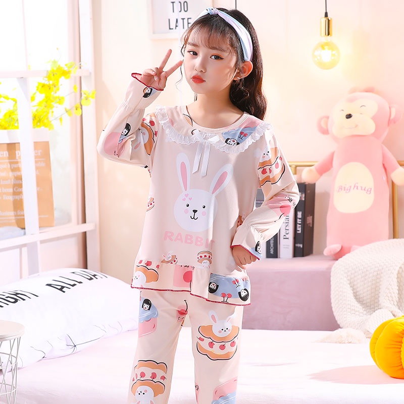 Bộ Đồ Ngủ Tay Dài Bằng Polyester Nhẹ In Họa Tiết Hoạt Hình Đính Nơ Đáng Yêu Cho Bé Gái