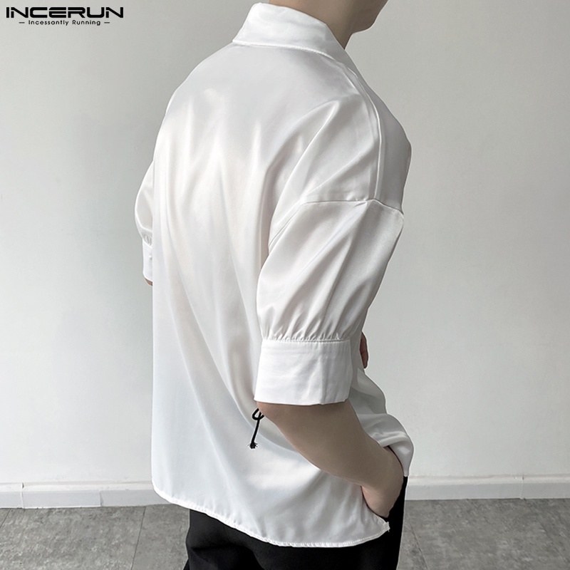 Áo INCERUN vải lụa tay ngắn dáng rộng phối dây cột cỡ S-5XL sành điệu cho nam