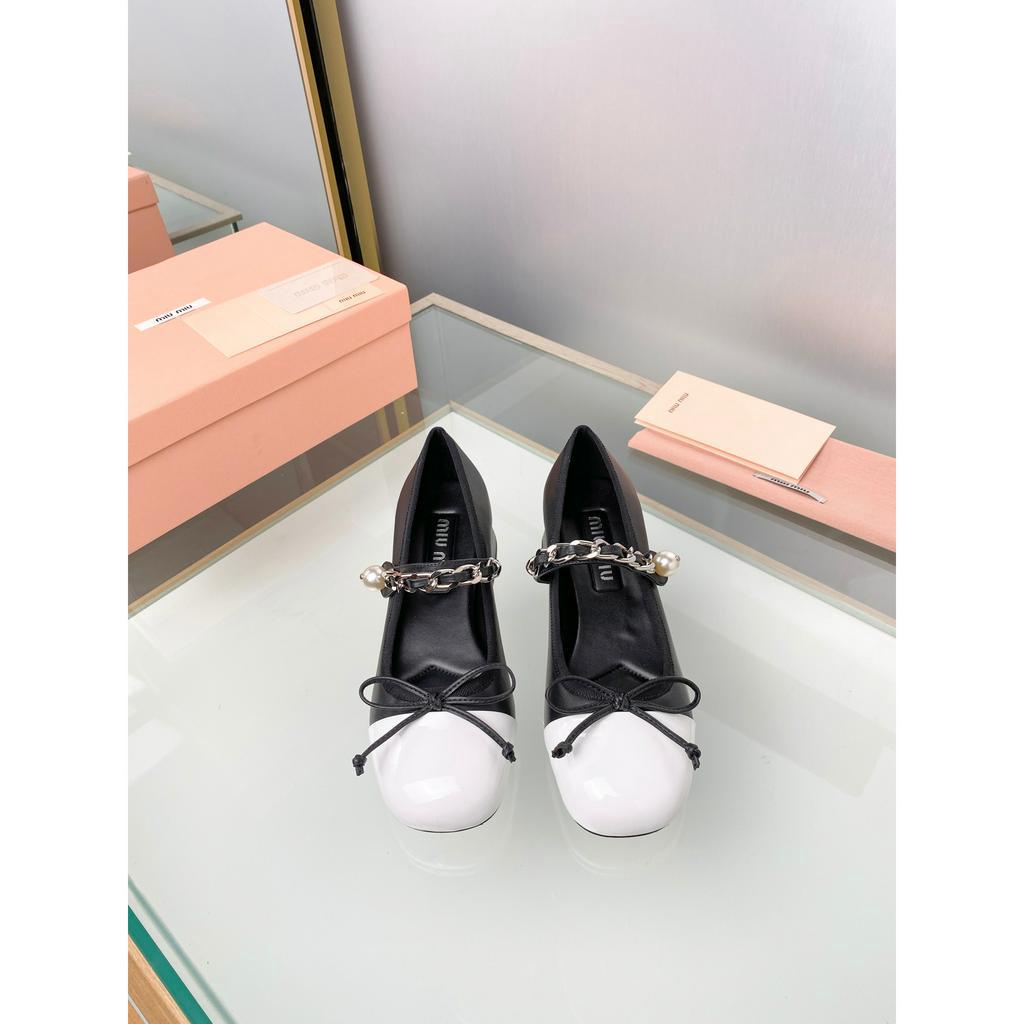 Giày búp bê gót vuông thời trang cao cấp thương hiệu Miu Miu thiết kế dáng tiểu thư, nữ tính