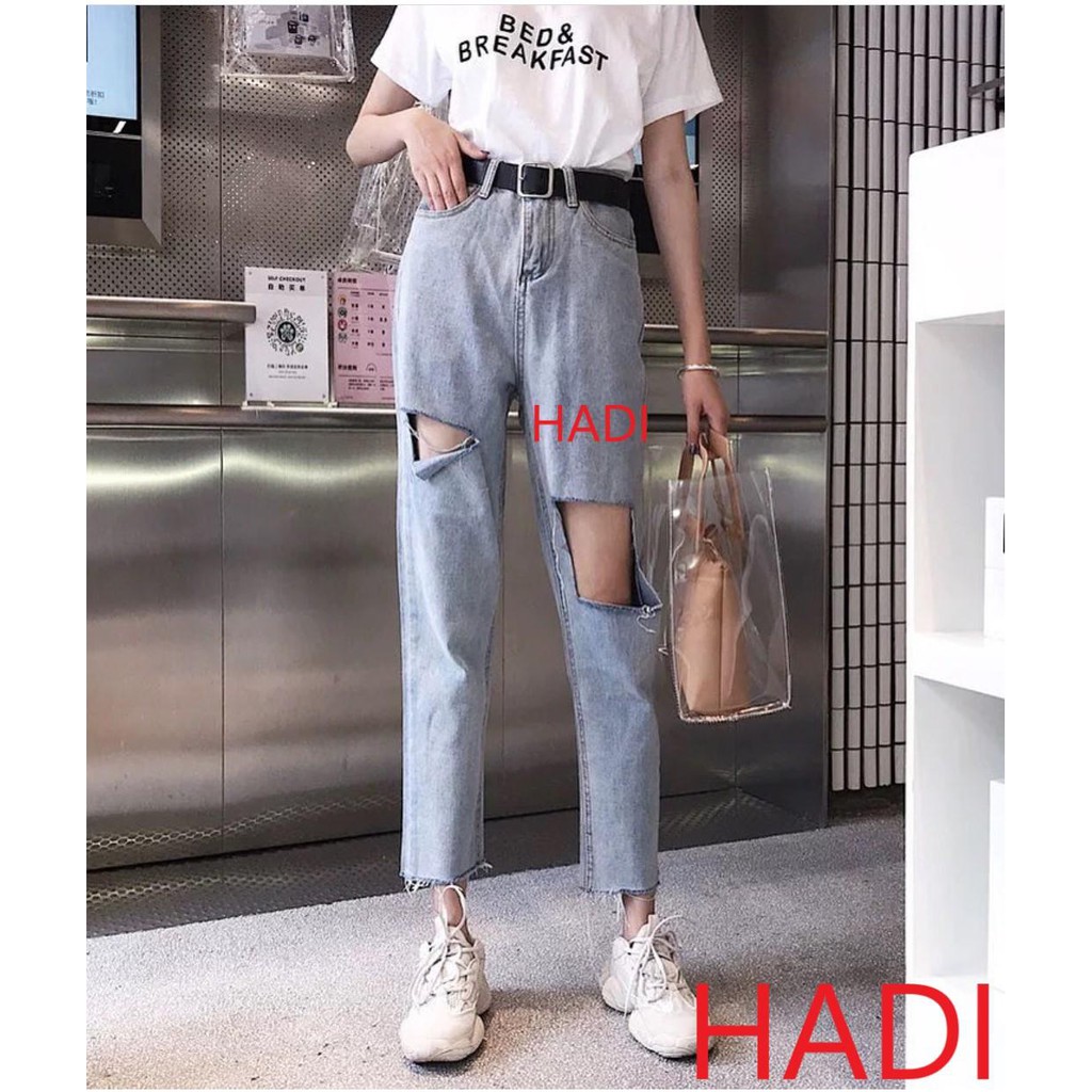 [ HÌNH THẬT GIÁ RẺ!!! ] QUẦN BAGGY JEAN NỮ CAO CẤP HADI LƯNG SIÊU CAO MÀU XANH NHẠT LAI TUA RÁCH VẠT VUÔNG CỰC KÌ HOT CỰ