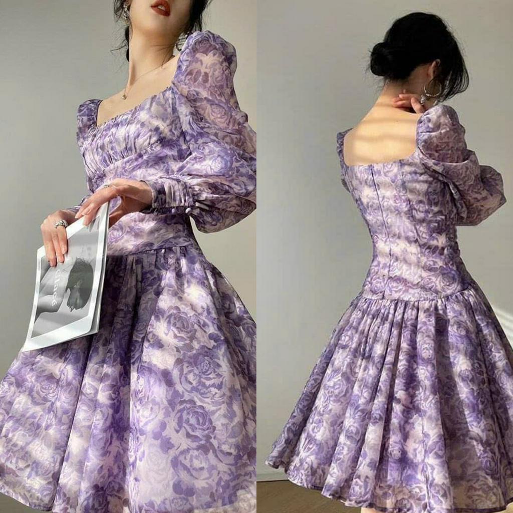 Đầm Xòe Cổ Vuông Xếp Ly Ngực Tay Dài Họa Tiết Sam Closet Phù Hợp Để Tới Công Sở, Đi Làm Hoặc Đi Chơi.