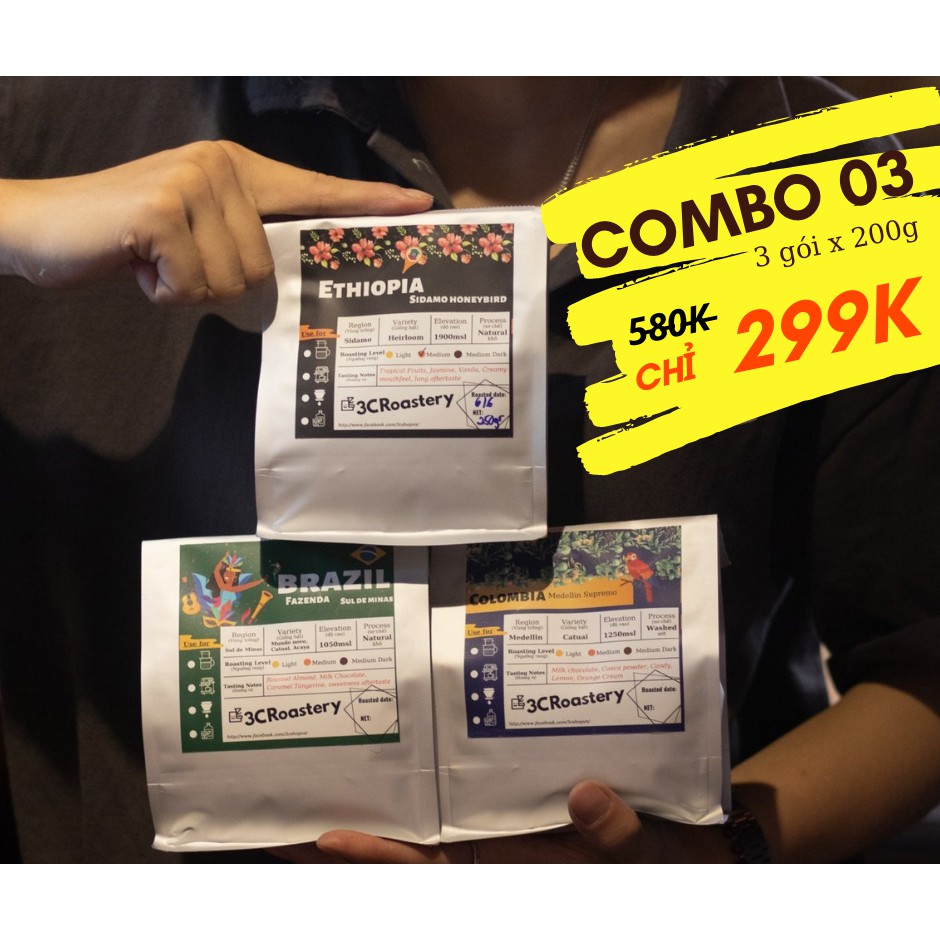 Combo cà phê espresso 3C Roastery cafe pha máy khối lượng 600gram rang medium, hậu ngọt,vị caramel, sơ chế khô | BigBuy360 - bigbuy360.vn