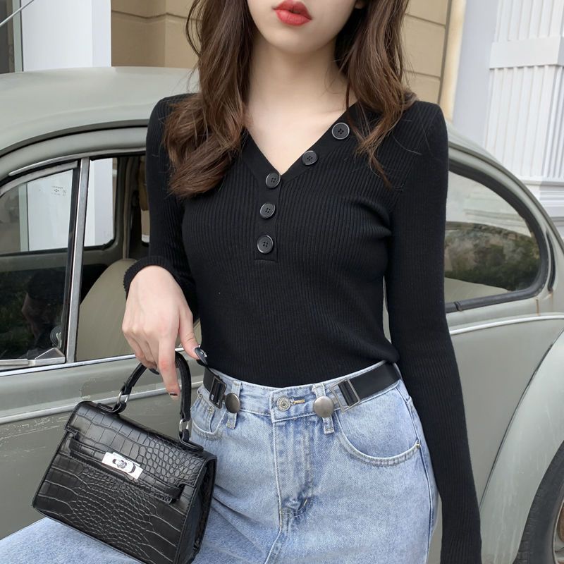 Áo Len Tay Dài Cổ Chữ V Dáng Ôm Thời Trang Thu Đông Cho Nữ