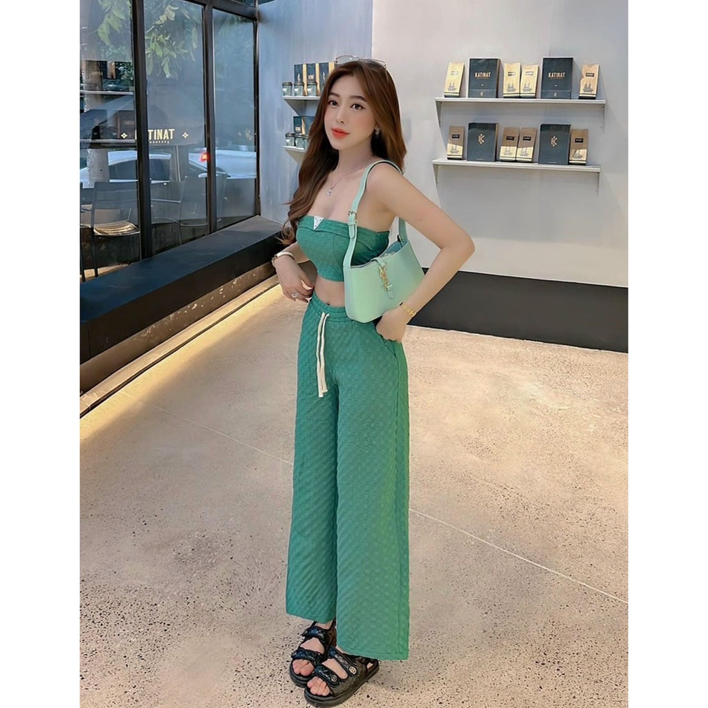 [HCM] Sét Bộ Gân Nổi Quần Ống Suông Phối Áo Cúp Ngực Thời Trang Nữ Sam Closet Free Size 40-55kg