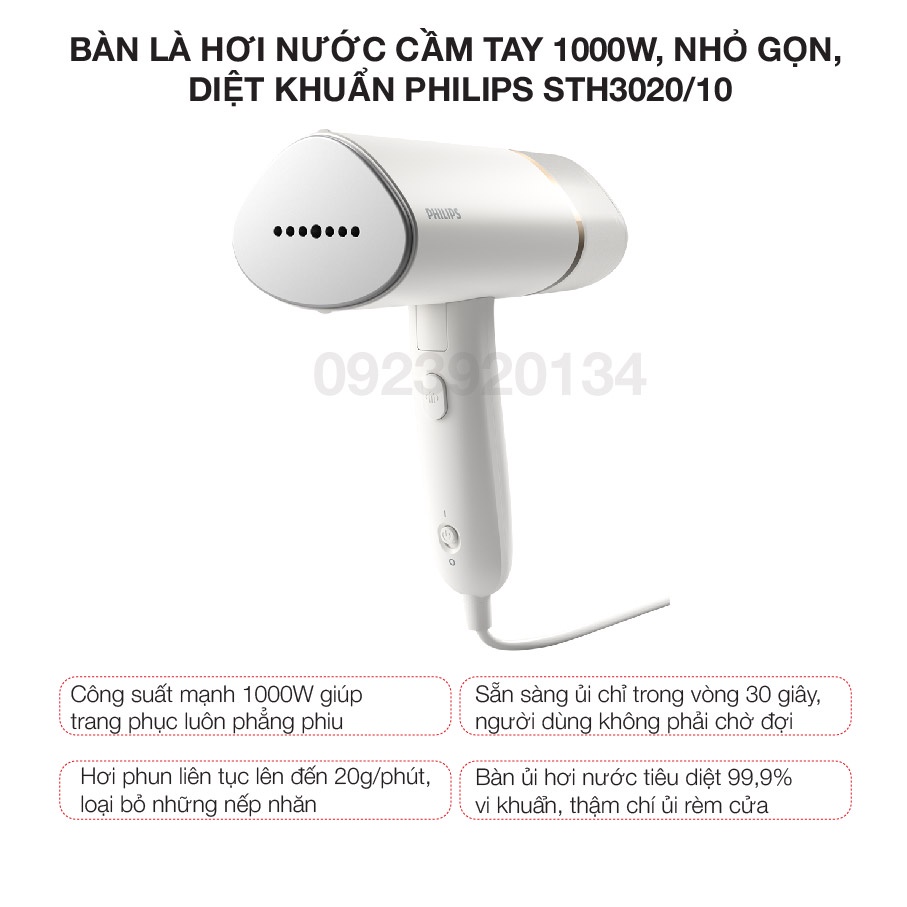 [Mã 155ELSALE giảm 7% đơn 300K] Bàn là hơi nước cầm tay 1000w, nhỏ gọn, diệt khuẩn Philips STH3020/10