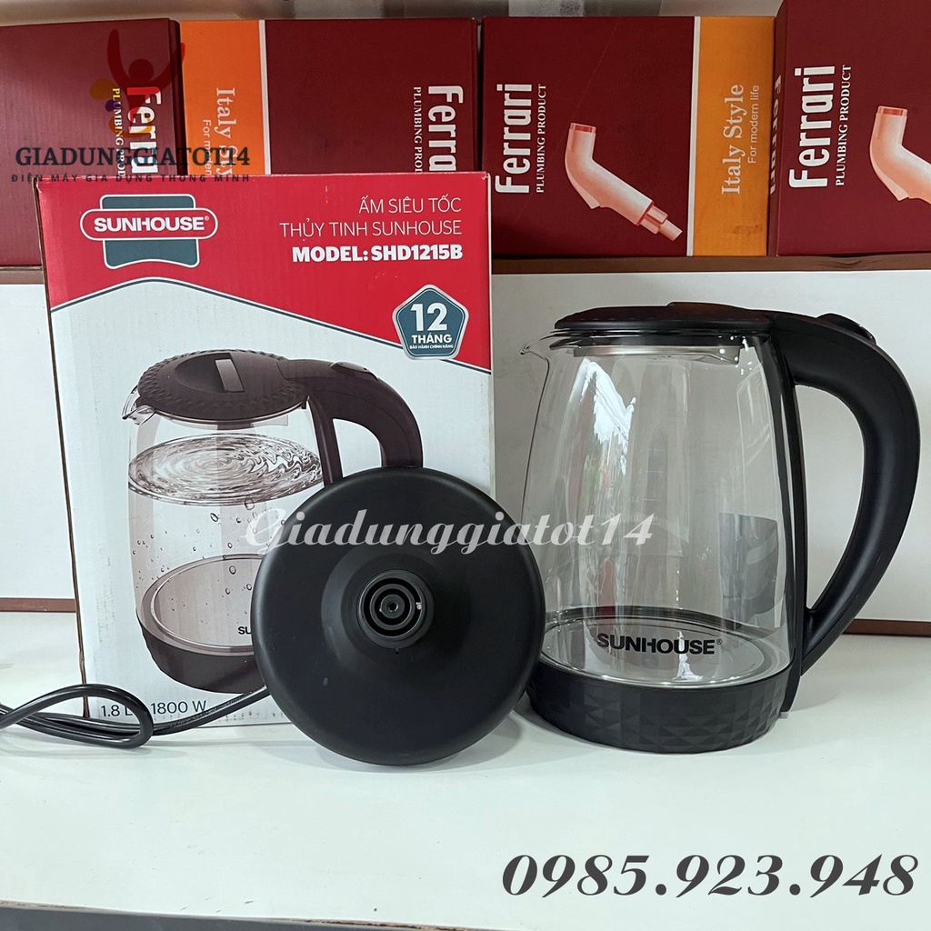 Ấm siêu tốc Thủy tinh cao cấp Sunhouse SHD1215 - dung tích 1.8L-Công suất 1800W - Bảo hành 12 tháng