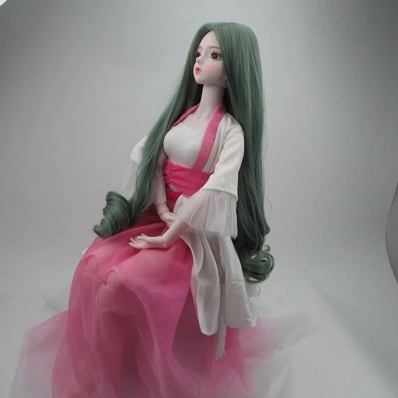 Bộ Tóc Giả Xoăn Dài Màu Xanh Lá Dành Cho Búp Bê 22-24cm Tỷ Lệ 1 / 3