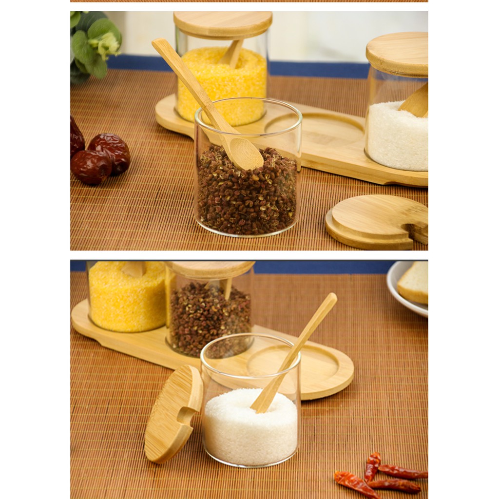 Bộ 3 Lọ đựng gia vị thủy tinh kèm đế gỗ cao cấp, hũ đựng gia vị kèm thìa tiện lợi FAMAHA | BigBuy360 - bigbuy360.vn