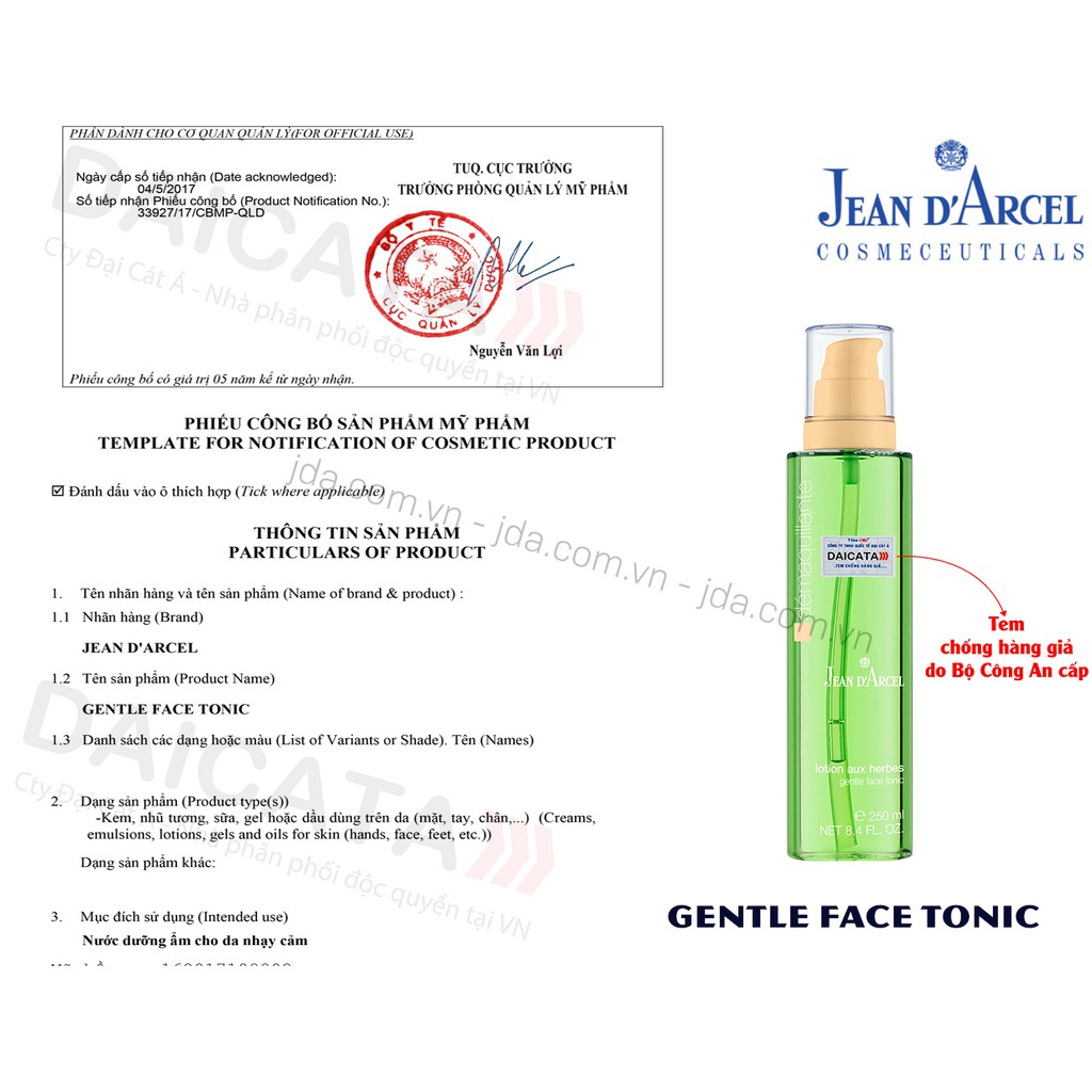 Nước cân bằng Jean D’Arcel Gentle Face Tonic 250ml cho da khô và da nhạy cảm