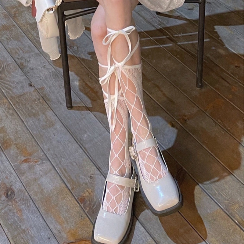 Summer Student Thin Section Pure Sweet Lady Cute Mid-tube White Black Lace Mesh Hollow Lolita Stockings Sexy and Breathable