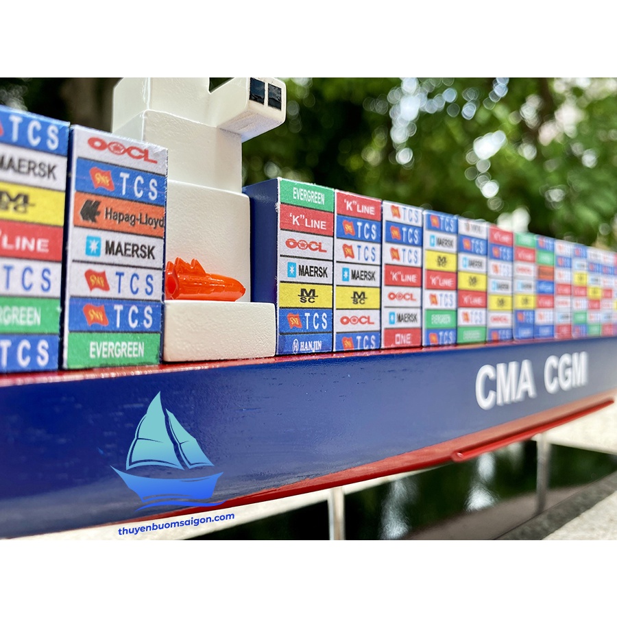 Mô hình tàu container chở hàng CMA CGM 30cm gỗ tự nhiên, tàu vận chuyển hàng hóa đường biển, quà tặng để bàn làm việc