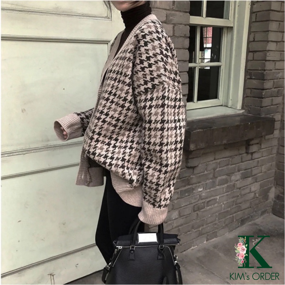 Áo len cardigan nữ phom rộng dài tay hoạ tiết kẻ vintage chất đẹp phong cách Hàn Quốc, đường phố, cá tính