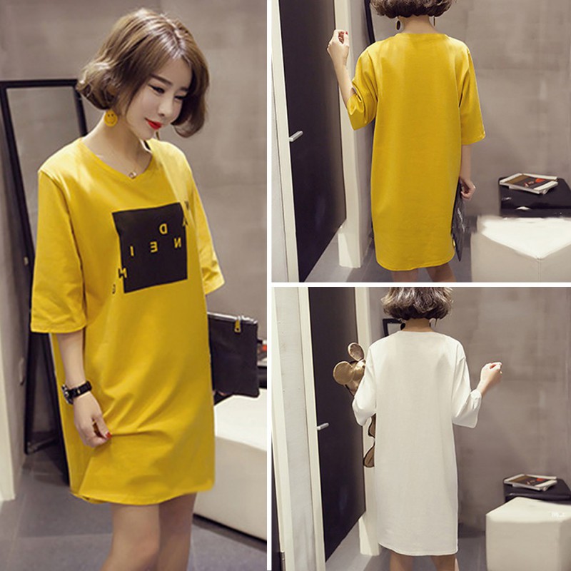 FREESHIP ĐƠN 99K_ Đầm Thun Ngắn Tay Dáng Rộng In Chữ Dễ Thương Cho Nữ