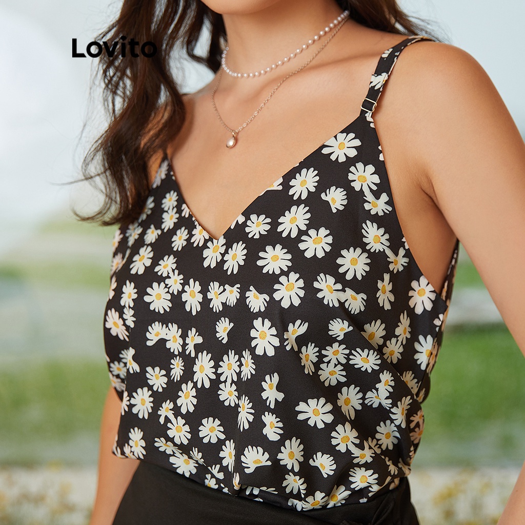 Lovito Boho Hoa Cổ V Áo yếm L24ED161 (Đen)