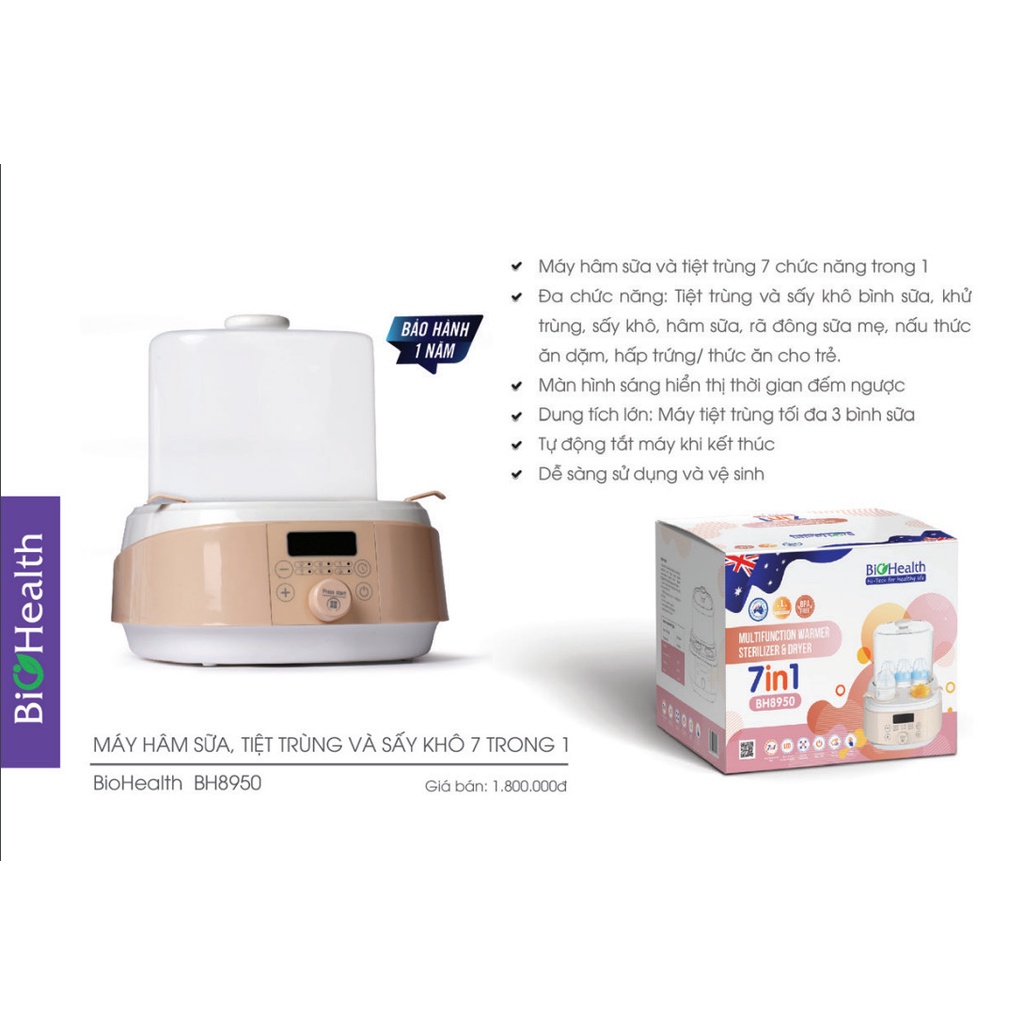Máy Hâm Sữa Đa Năng 7in1 - Tiệt Trùng, Sấy Khô, Hâm Sữa, Rã Đông - Chứa 3 Bình Sữa - Biohealth BH8950