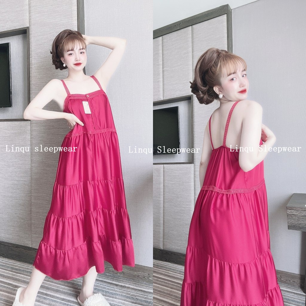 Váy Ngủ Sexy - Váy Ngủ 2 Dây Sexy Chất Satin Phối Ren mềm mát kèm quần Freesize - Linqu Sleepwear