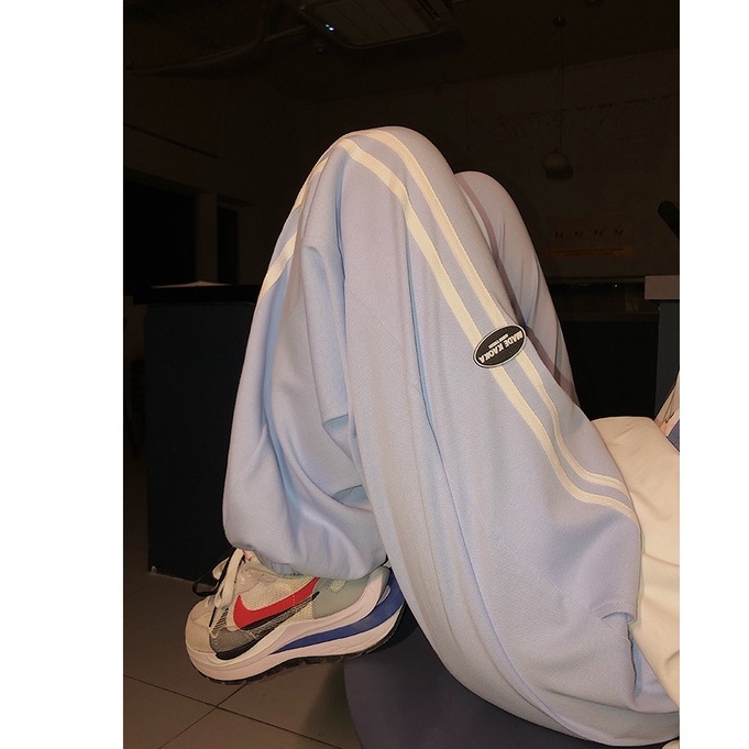 Quần Thể Thao Lưng Cao Ống Rộng Họa Tiết Kẻ Sọc Size S-4XL Phong Cách Hong Kong Cho Nữ