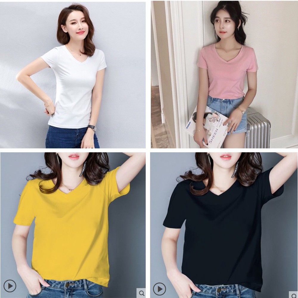 Áo phông basic cổ tim trơn nhiều màu chất đẹp giá rẻ - Áo phông nữ áo thun nữ cotton giấy