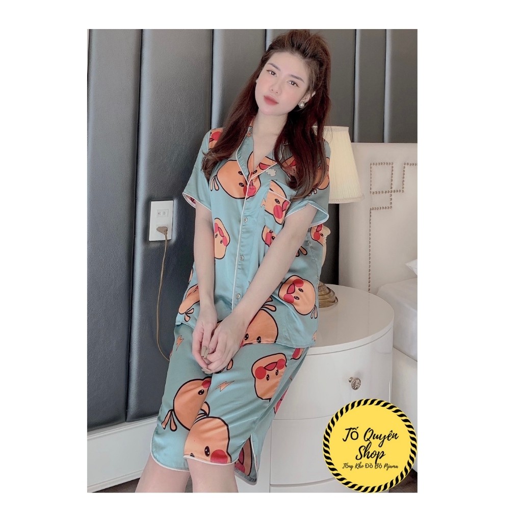Đồ Bộ Lụa Pijama Quần Lửng Họa Tiết Mới ☘️ Chất liệu Satin💚Đồ Ngủ Nữ