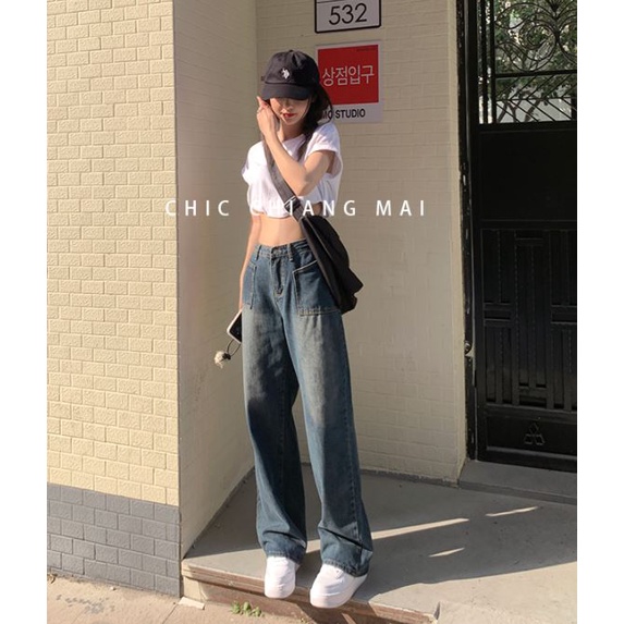 Quần Jeans Nữ Lưng Cao Ống Rộng Phong Cách Retro