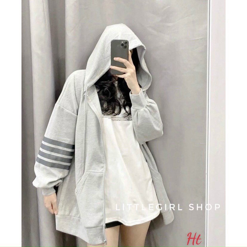 Áo khoác chống nắng 3 sọc đơn giản, áo khoác hoodie dây khoác kéo có mũ, áo khoác basic Hàn Quốc mặc đi học, áo khoác