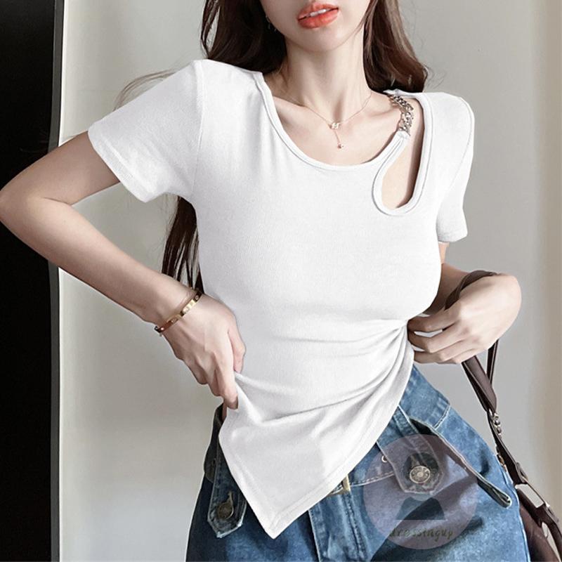Áo Thun Ngắn Tay Phối Dây Xích Kim Loại Thời Trang Mùa Hè Sành Điệu Cho Nữ