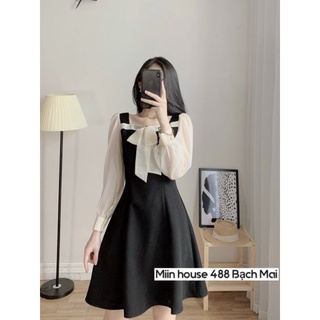 Váy 7 mảnh phối tay tơ nhũ cổ vuông nơ