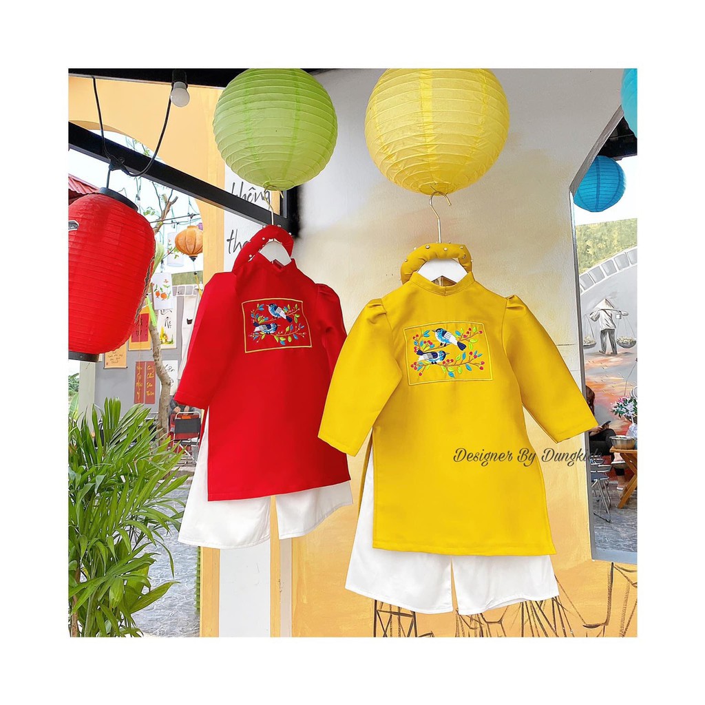 Áo dài thêu vành khuyên vàng/đỏ bé gái